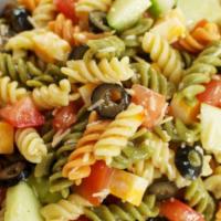 Italian Pasta Salad Bowl · Tri-Color rotini pasta with a zesty Italian herb and Parmesan cheese dressing, red bell pepp...