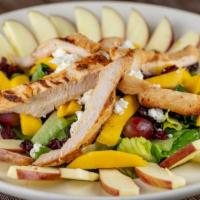 Irene’S Harvest Apple Salad · Grilled chicken over chopped greens, apples, mangos, grapes, cranberries, crumbled feta chee...