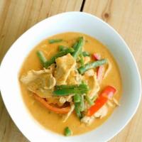 Lunch Panang Curry  · Mild Spicy. Kaffir lime leaves, string beans, and red bell pepper.