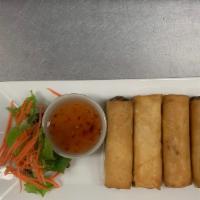 Duck Spring Rolls 4 Pcs · Deep-fried egg roll skin stuffed with shredded duck, cabbage, glass noodle, and carrot.