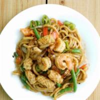 Kee Mao Udon Seafood · Medium Spicy. Shrimp, squid, carrot, green pepper, red bell pepper, onion, basil, and string...