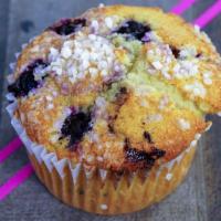 Muffin - Blueberry · Sweet, moist cake with blueberries topped with sugar and lemon zest. 
**Contains: Wheat, mil...