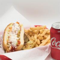 Hot Dog (Combo) · Small combo  (fries/can soda/small hot dog) tomatoes,guacamole, mayonnaise, jalapeno sauce, ...