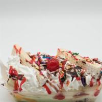 Banana Split · Banana, 3 scoops of ice cream of your choice, chocolate, caramel, 2 cookies, sprinkles, and ...