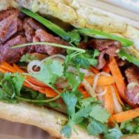 Chinese Bbq Pork · Chinese BBQ pork shoulder on a buttered toasted 9 inch french bread with chicken pate spread...