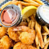 Shrimp & Chips · Grilled or Fried Alaskan Cod served with fries and cocktail & tartar sauce.