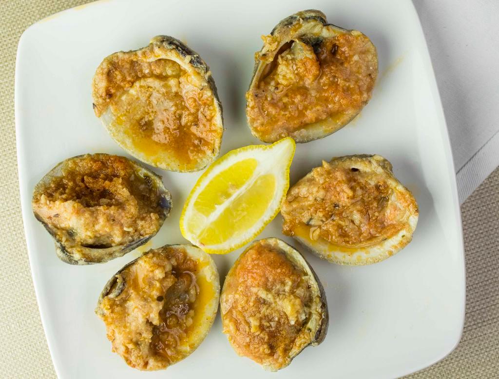 Baked Clams Oreganata (1/2 Dozen) · 1/2 Dozen Middle-neck clams topped with seasoned breadcrumbs and baked.