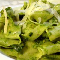 Homemade Pappardelle Al Pesto · Pesto made with basil olive oil pine nuts and parmigiano reggiano.
