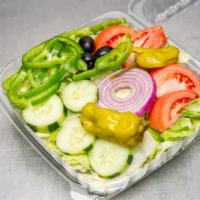 Chef Salad · Iceberg lettuce, green peppers, tomato, onion, cucumber, Croutons, egg, turkey, ham, provolo...