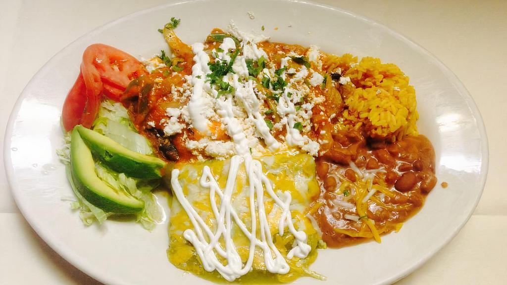 Quesadilla Rellena Combo · flour tortilla with cheese, shredded chicken, loaded with lettuce, sour cream, tomatoes, and onions, served with rice and refried beans.