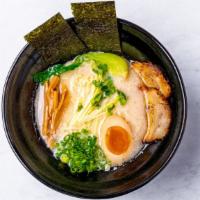 Tonkotsu Ramen · Thin noodle with pork broth, chashu, green onion, boiled egg, menma, seaweed.