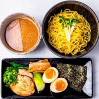 Dipping Ramen With Seafood Tonkotsu Sauce · Thick noodle with seafood and pork broth, chashu, green onion, boiled egg, menma, seaweed.