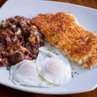 Corned Beef Hash & Eggs · Two eggs any style, toast and hashbrowns.