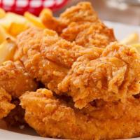Chicken Strips · Three boneless breast tender, breaded & golden fried. Served with coleslaw and fries.