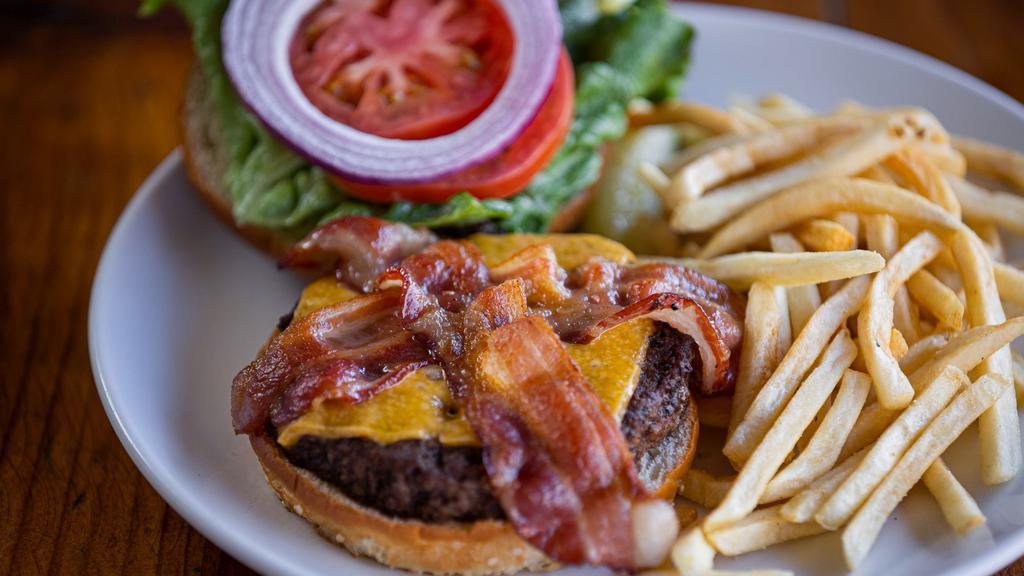 Tillamook Bacon Cheese Burger · Lettuce, tomato, onion, smoked bacon, Tillamook sharp cheddar & 1000 island.