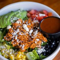 Mexican Salad Bowl · Choice of seasoned ground beef, chicken or pulled pork. With black  beans, corn, tomatoes, q...