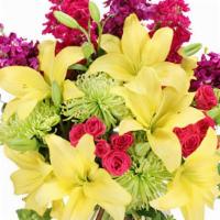Flor-Elaborate Bouquet · This vibrant arrangement is a dream! The wondrous yellow lilies and green Fuji spider mums c...