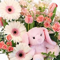 Tiny Pink Blessing · This lovely basket arrangement will take their breath away! With exquisite white gerberas, b...