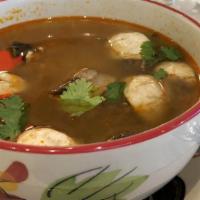 Tom Yum · Medium. Your choice of chicken or shrimp, fresh mushrooms in lemongrass galangal soup with T...
