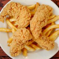 Chicken Tenders · Breaded and fried chicken breast tenders served over a bed of fries with a your choice of sa...
