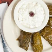 Dolmades · Grapevine leaves rolled with savory ground beef and rice stuffing. Served with a side of tza...