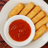Mozzarella Sticks · Breaded fried sticks of chewy mozzarella cheese, served with a side of marinara sauce.