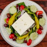 Greek Salad · Lettuce, grape tomatoes, cucumber, green pepper, red onion, pepperoncini, imported Greek Kal...