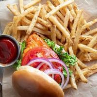 Buffalo Chicken Sandwich · This classic features our hand-battered crispy chicken breast tossed in medium wing sauce, t...