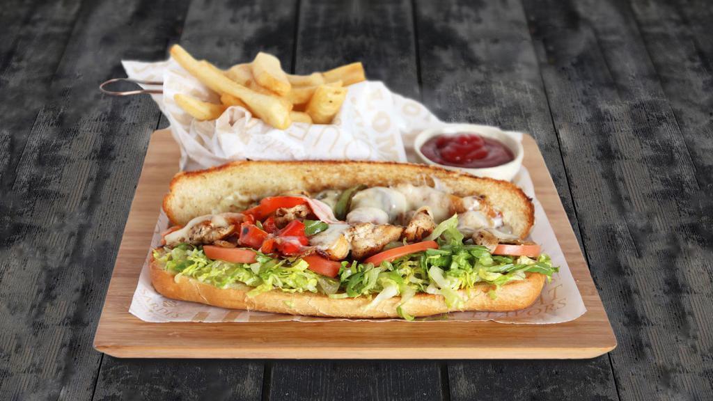 Chicken & Cheese · Grilled chicken grilled with onions, peppers, topped with provolone cheese.