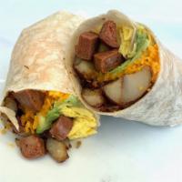 Chicken Sausage Breakfasr Burrito · A massive serving of 2 scrambled eggs, chicken sausage, melty cheddar, home fries, avocado, ...