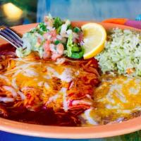 3 Enchiladas · Fresh house corn tortillas filled with your choice of meat and topped with our authentic gre...