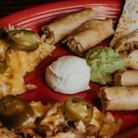 Sampler · Build your own quesadilla, fiesta nachos, flautas, along with sour cream, guacamole, and you...