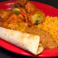 Fajita Chile Relleno Dinner · Two large chile rellenos stuffed with cheese, protein and topped with sauce, shredded cheese...