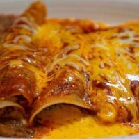 Panchos · Two enchiladas fil with choice of protein, pork or chicken tamale both items topped with sau...