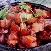 Braised Pork Belly  樱桃红烧肉（砂锅） · Soft, chewy pork belly, and surprisingly not greasy.