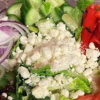 Nikko'S Greek Salad · Romaine Lettuce, Kalamata, Tomato, Red Onion, Roasted Red Peppers, Cucumbers, Feta, Greek Dr...