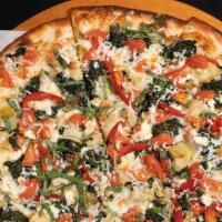 Zara'S Mediterranean · White Pizza - Roasted Red Peppers, Artichoke Hearts, Spinach, Feta, Tomatoes Mozzarella