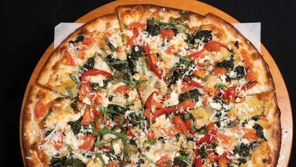 Zara'S Mediterranean · White Pizza - Roasted Red Peppers, Artichoke Hearts, Spinach, Feta, Tomatoes Mozzarella