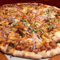 Bbq Chicken · Shredded BBQ Chicken, Corn, Roasted Red Peppers, Red Onion, Mozzarella, Scallions