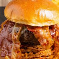 Bacon Bacon · All natural beef patty, sweet glazed bacon, pepper jack cheese, crispy onions, and chipotle ...