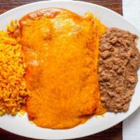 #14. Cheese Enchiladas · 3 cheese enchiladas toped w/mexican gravy sauce & melted cheese served w/rice, beans & 2 tor...