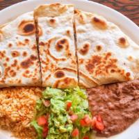 #24.Quesadilla Plate · A giant flour tortilla filled w/melted Monterrey cheese   & your choice of meat  served w/ri...