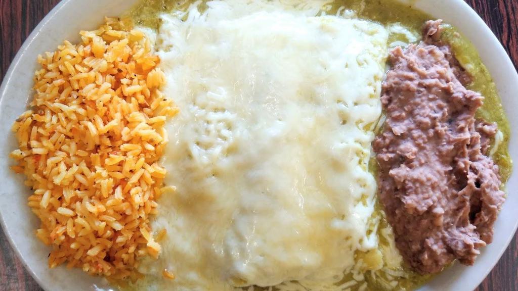 #16. Enchiladas Verdes · 3 green enchiladas toped w/ green sauce & melted Monterrey cheese served w/ rice, beans & 2 tortillas