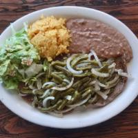 #1. Carne Asada Steak With Nopales · Steak toped w/grill wild cactus and onions served w/rice, beans, guacamole salad & 2 tortillas