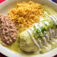 #12.Burrito Mayito Plate · A burrito filled w/ your choice of meat, onions, queso fresco topped w/ our house recipe gre...
