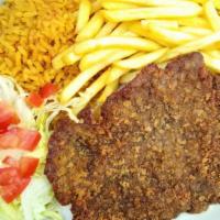 #6 Milanesa Plate · Breaded beef served with rice, french fries, salad & 2 tortillas