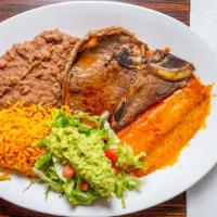 #5. Tampiquena Plate · Tampiqueña style steak w/1 cheese enchilada served w/rice, beans, guacamole salad & 2 tortil...