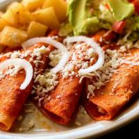 #21 Enchiladas Mexicanas · 3 Red Enchiladas with Queso Fresco & Onions slices accompanied with Potatoes, Avocado and Sa...