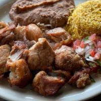 Carnitas Plate · Pork Carnitas with Rice, Beans, Pico de Gallo and 2 Tortillas