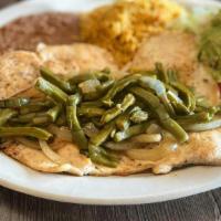 #9. Pechuga With Nopalitos · 1 Chicken Breast Topped with Nopalitos & Grilled onions accompanied with rice, beans, salad,...
